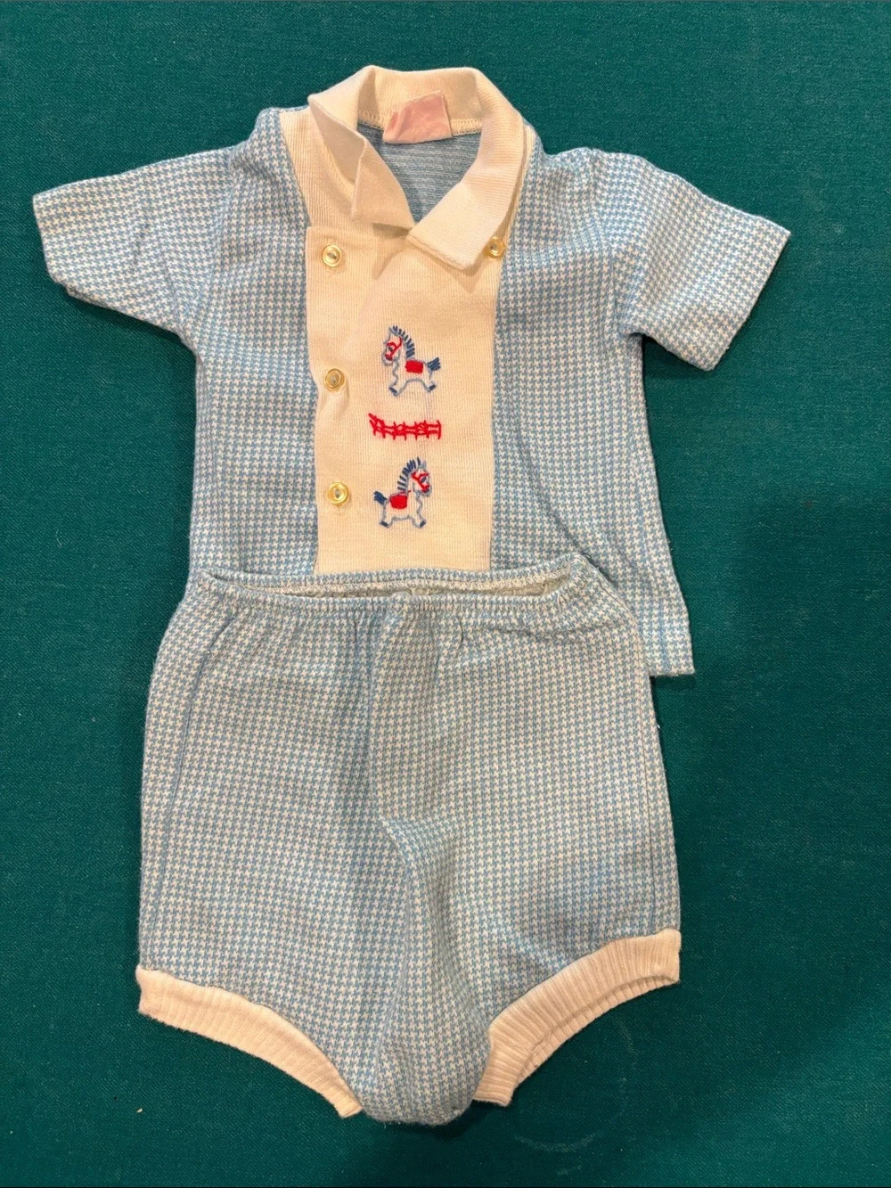 Blue & Cream Baby Knit Diaper Cover Set with Embroidered Ponies